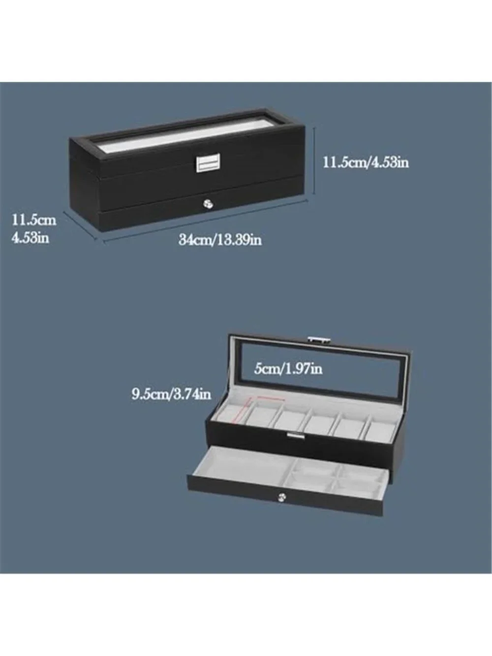 Watch Box for Men, 6 Slot Watch Case with Glass Lid Fits 48mm